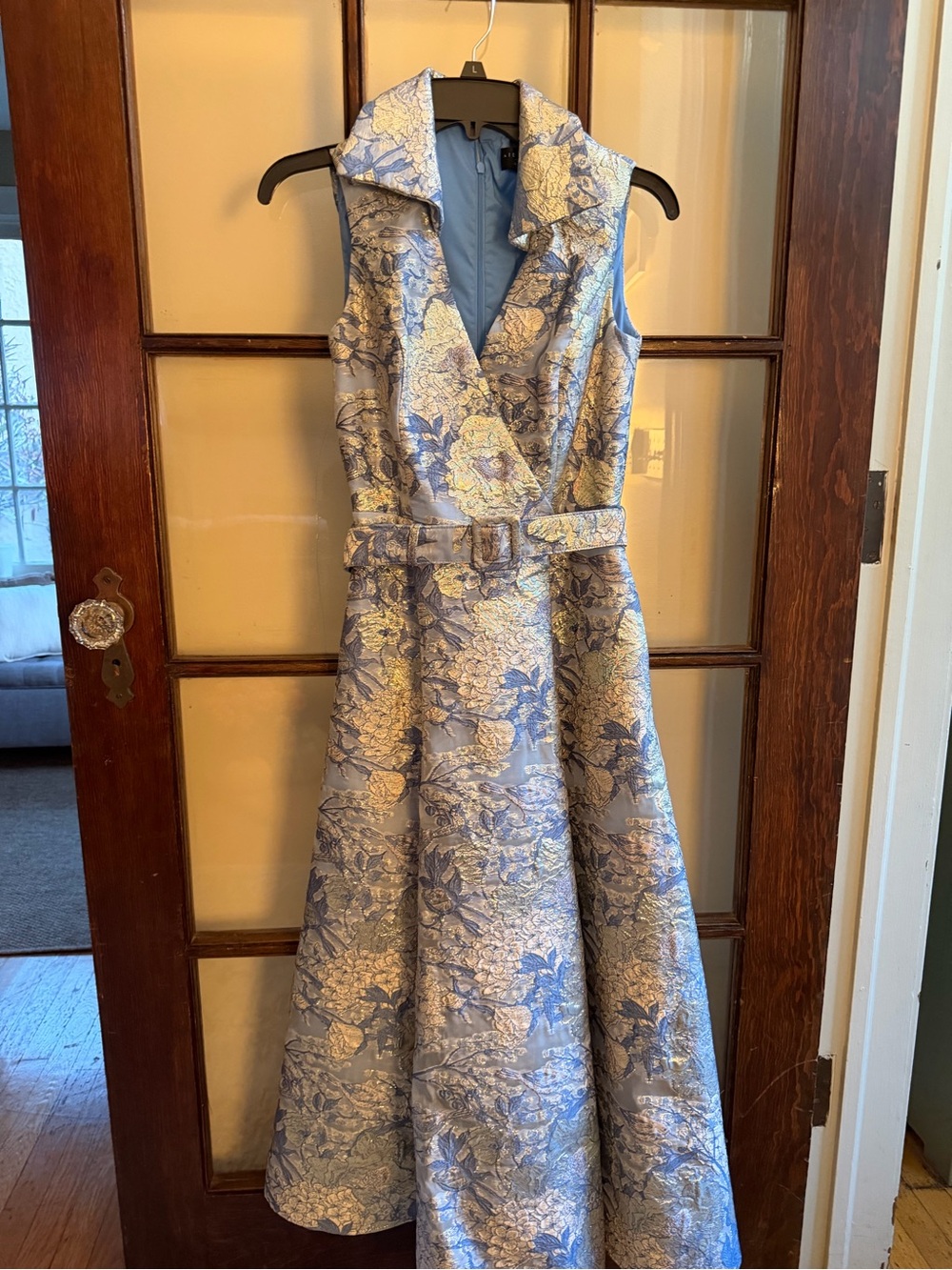 Aidan Mattox Light Blue and Gold Floral Jacquard Maxi Dress with Belted Waist